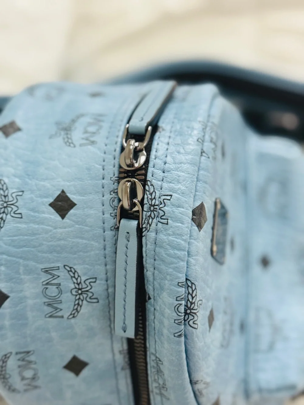 Authentic MCM Stark Mini Backpack Blue Visetos Studded 8x10x4 clean + Dust Bag
